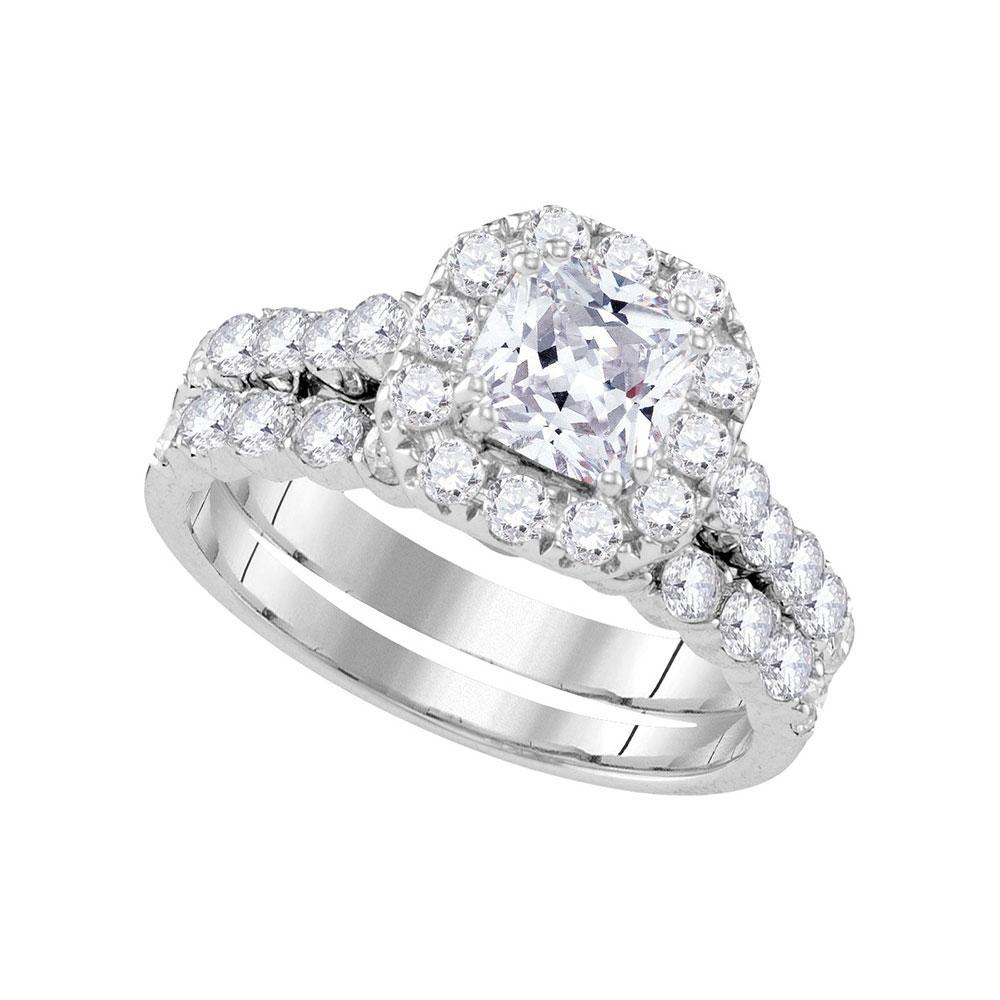 GND Bridal Ring Set 14k White Gold Round Diamond Halo Bridal Wedding Ring Band Set 2 Cttw