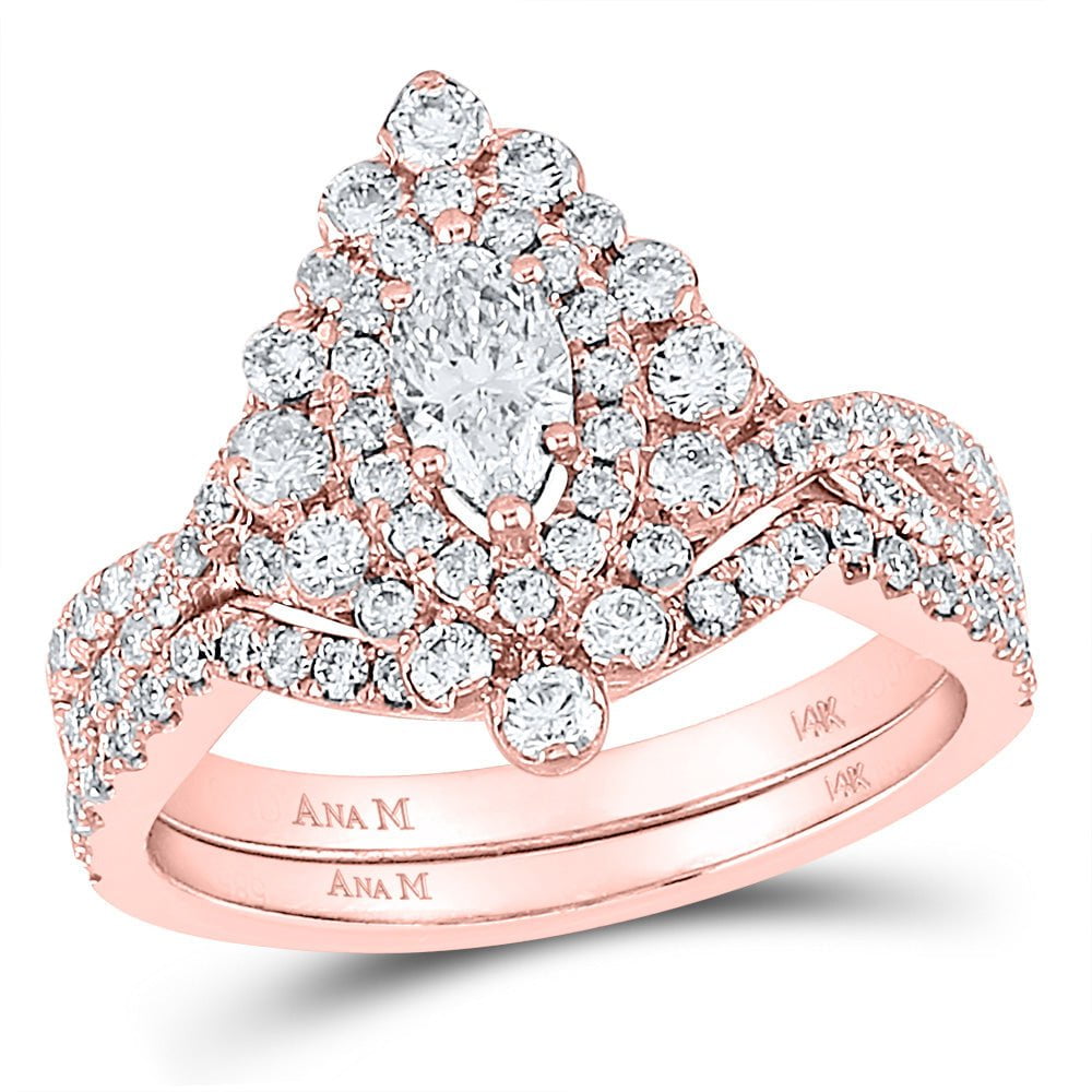 GND Bridal Ring Set 14kt Rose Gold Marquise Diamond Halo Bridal Wedding Ring Band Set 1-7/8 Cttw