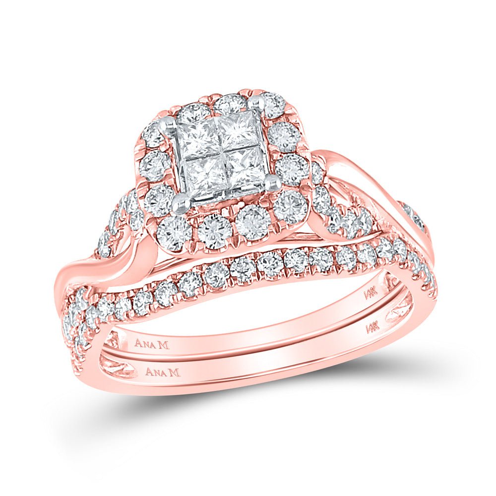 GND Bridal Ring Set 14kt Rose Gold Princess Diamond Halo Bridal Wedding Ring Band Set 1 Cttw