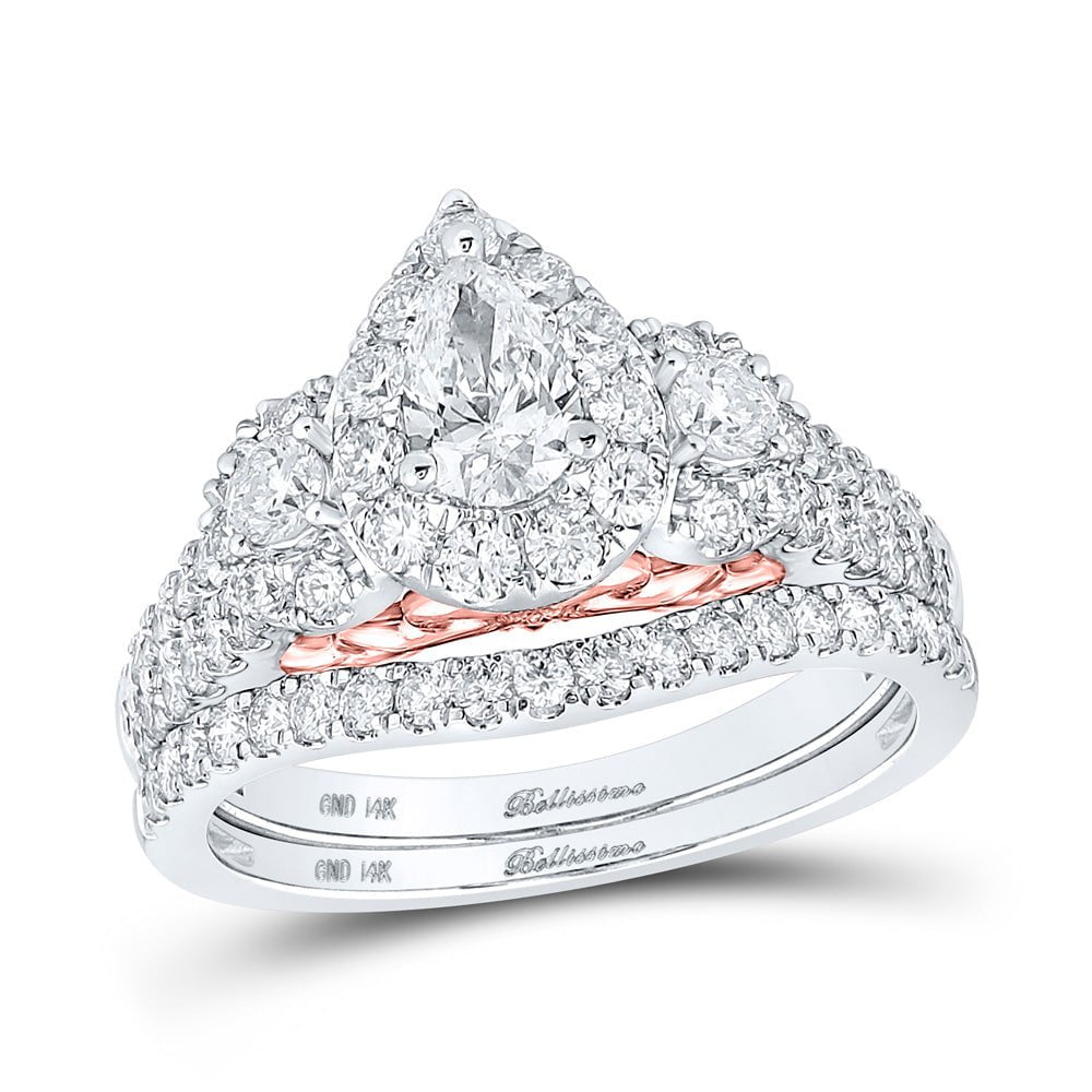 GND Bridal Ring Set 14kt Two-tone Gold Pear Diamond Halo Bridal Wedding Ring Band Set 1-1/2 Cttw