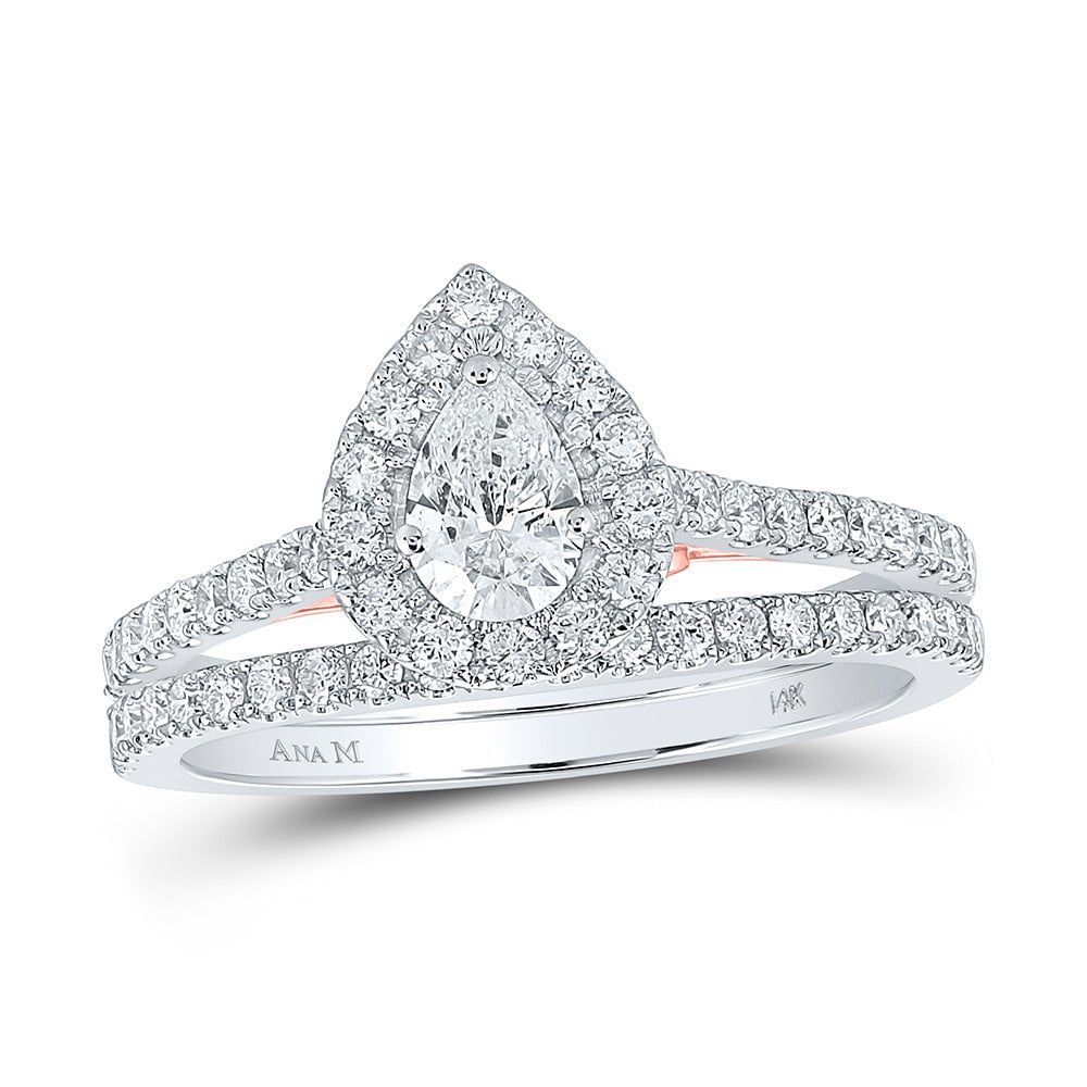 GND Bridal Ring Set 14kt Two-tone Gold Pear Diamond Halo Bridal Wedding Ring Band Set 1 Cttw