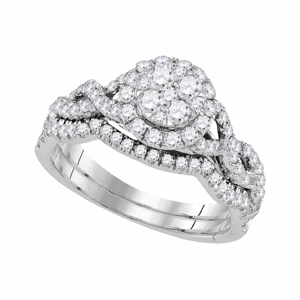 GND Bridal Ring Set 14kt White Gold Diamond Cluster Bridal Wedding Ring Band Set 7/8 Cttw