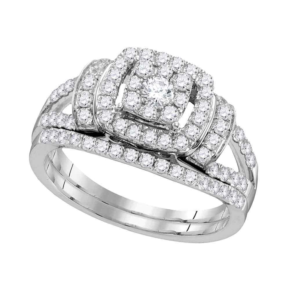 GND Bridal Ring Set 14kt White Gold Diamond Framed Cluster Bridal Wedding Ring Band Set 1 Cttw