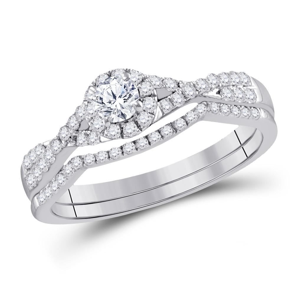 GND Bridal Ring Set 14kt White Gold Diamond Round Bridal Wedding Ring Band Set 1/2 Cttw