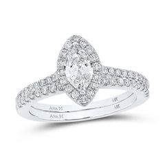 GND Bridal Ring Set 14kt White Gold Marquise Diamond Halo Bridal Wedding Ring Band Set 1 Cttw