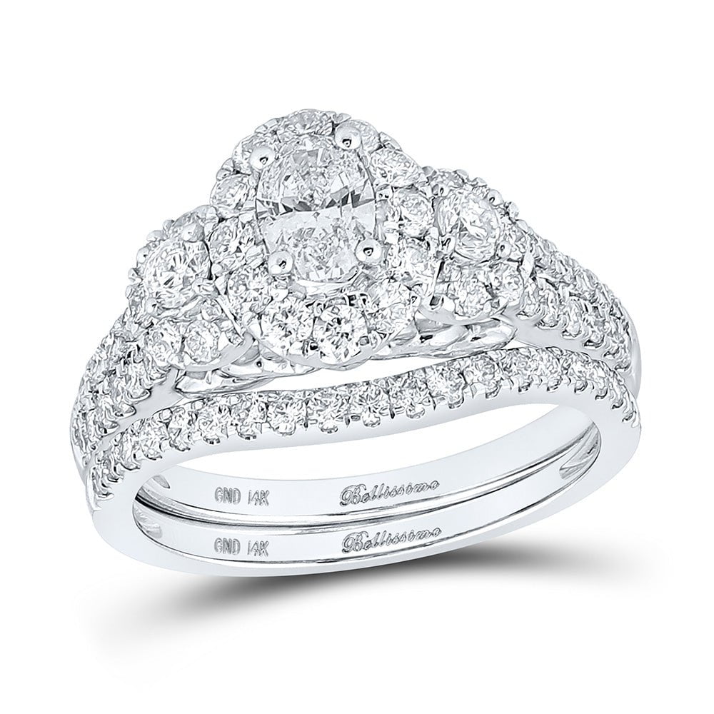 GND Bridal Ring Set 14kt White Gold Oval Diamond Halo Bridal Wedding Ring Band Set 1-1/2 Cttw