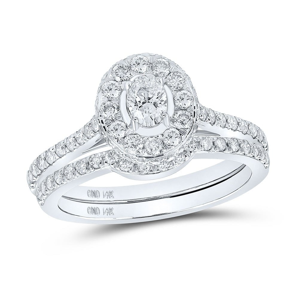 GND Bridal Ring Set 14kt White Gold Oval Diamond Halo Bridal Wedding Ring Band Set 1 Cttw