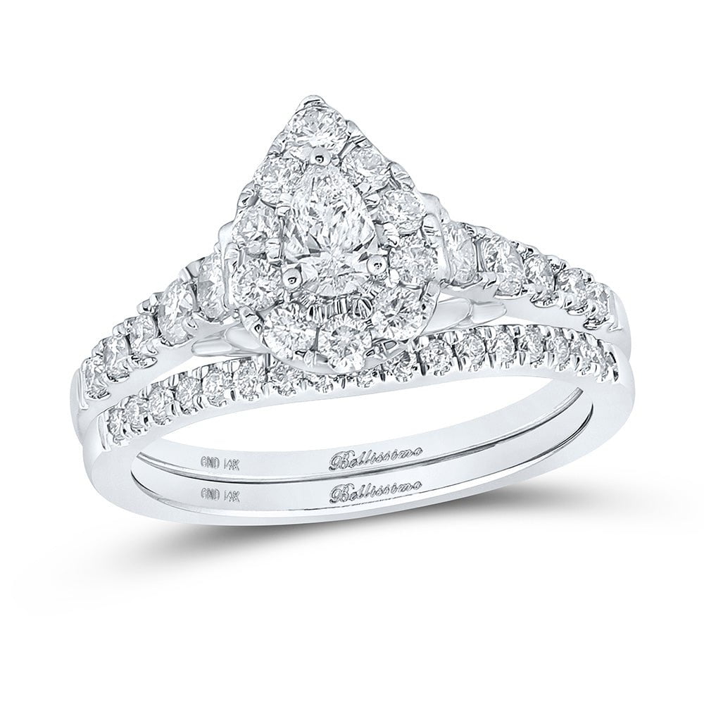 GND Bridal Ring Set 14kt White Gold Pear Diamond Bridal Wedding Ring Band Set 1 Cttw