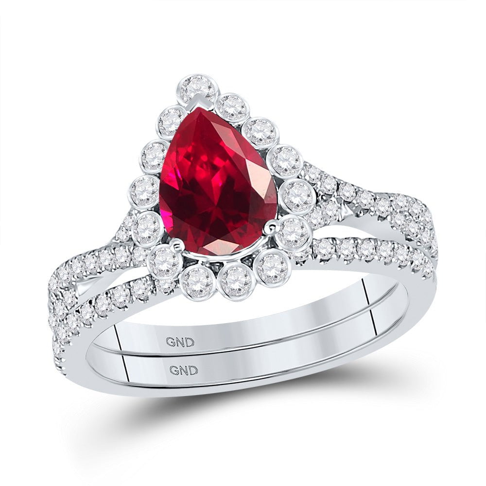 GND Bridal Ring Set 14kt White Gold Pear Ruby Diamond Solitaire Bridal Wedding Ring Band Set 1-7/8 Cttw