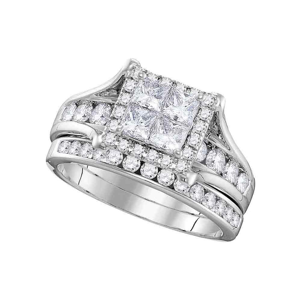 GND Bridal Ring Set 14kt White Gold Princess Diamond Bridal Wedding Ring Band Set 1-1/2 Cttw