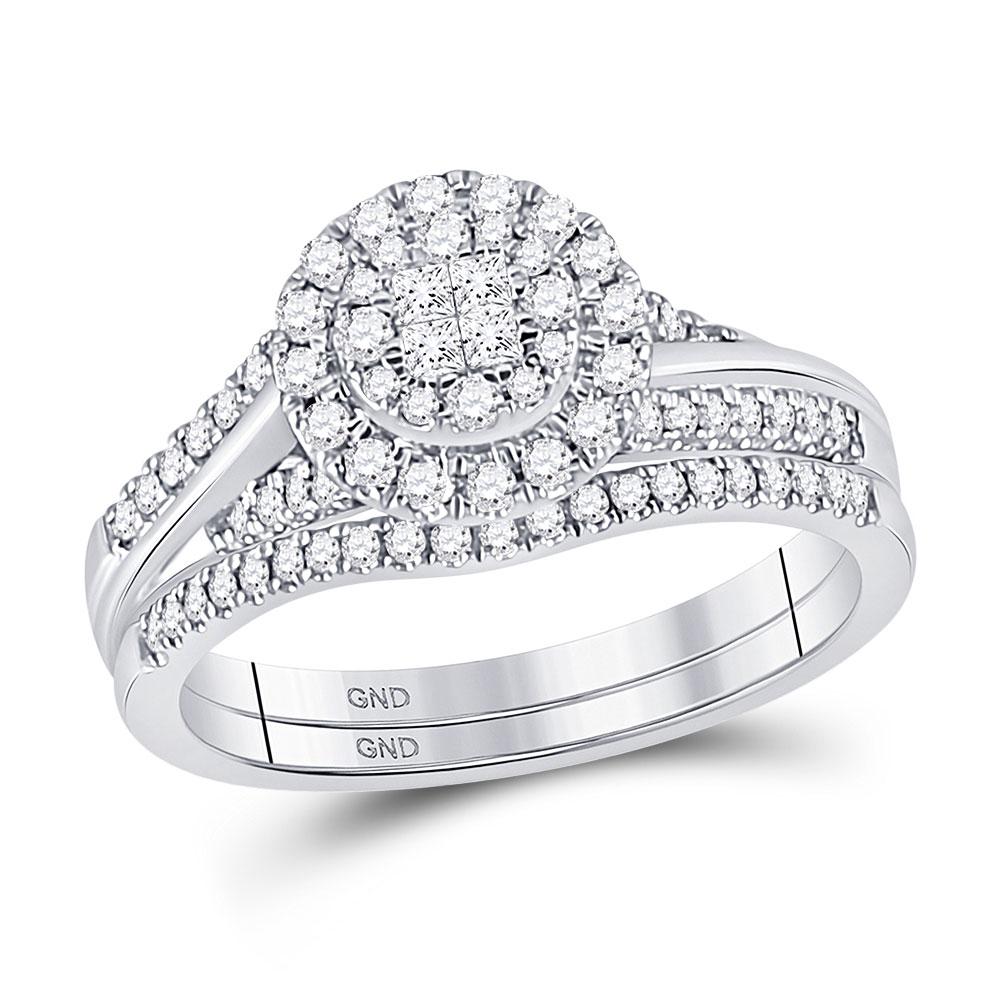 GND Bridal Ring Set 14kt White Gold Princess Diamond Bridal Wedding Ring Band Set 1/2 Cttw