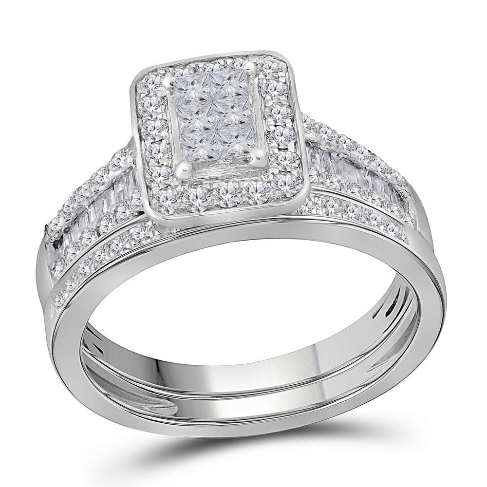 GND Bridal Ring Set 14kt White Gold Princess Diamond Bridal Wedding Ring Band Set 1 Cttw