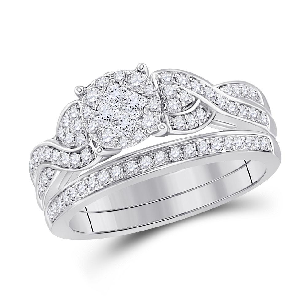 GND Bridal Ring Set 14kt White Gold Princess Diamond Bridal Wedding Ring Band Set 5/8 Cttw