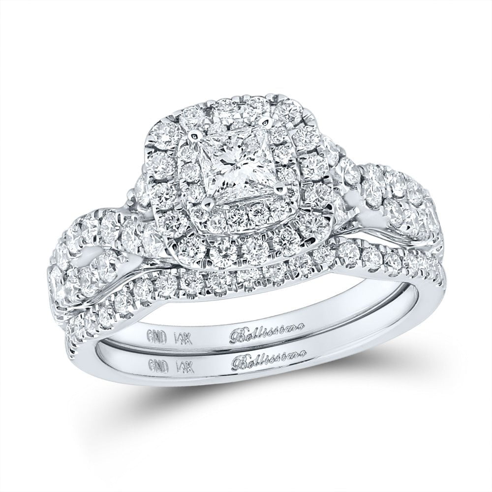 GND Bridal Ring Set 14kt White Gold Princess Diamond Halo Bridal Wedding Ring Band Set 1-1/4 Cttw