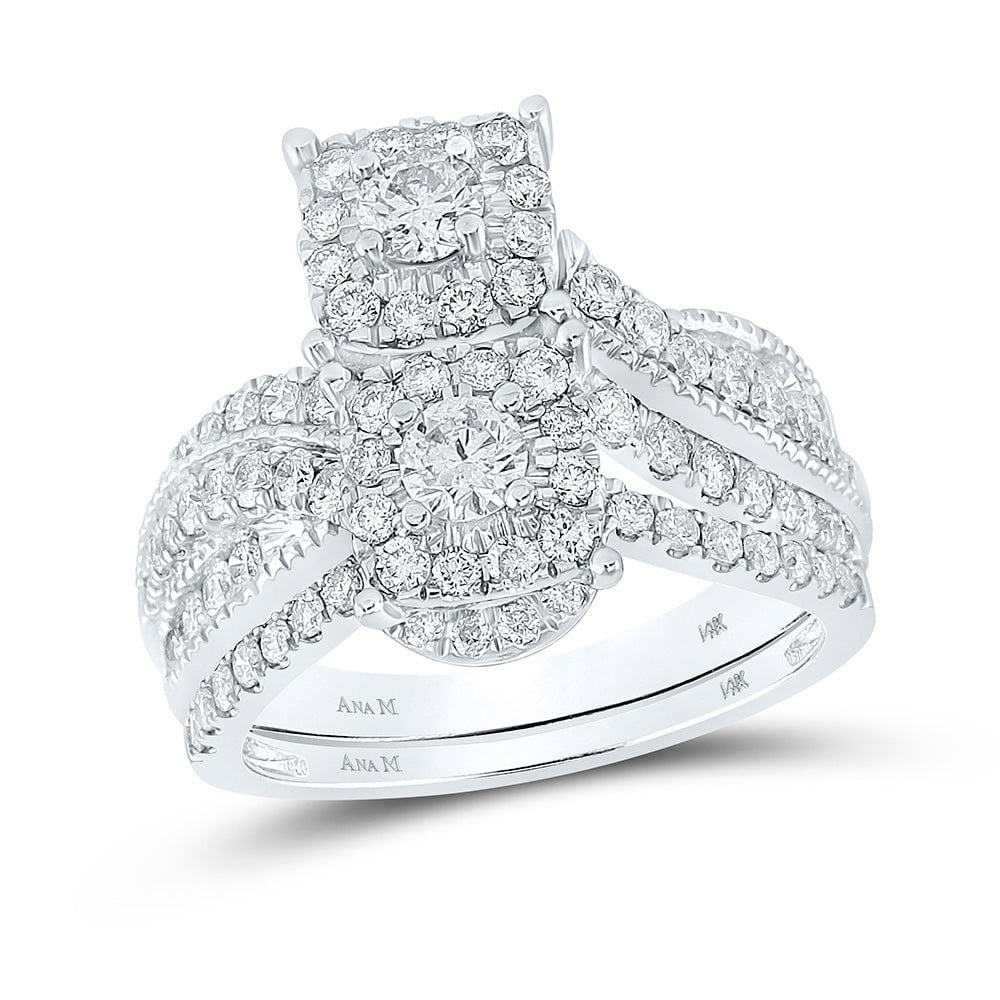 GND Bridal Ring Set 14kt White Gold Round Diamond 2-Stone Bridal Wedding Ring Band Set 1-1/2 Cttw