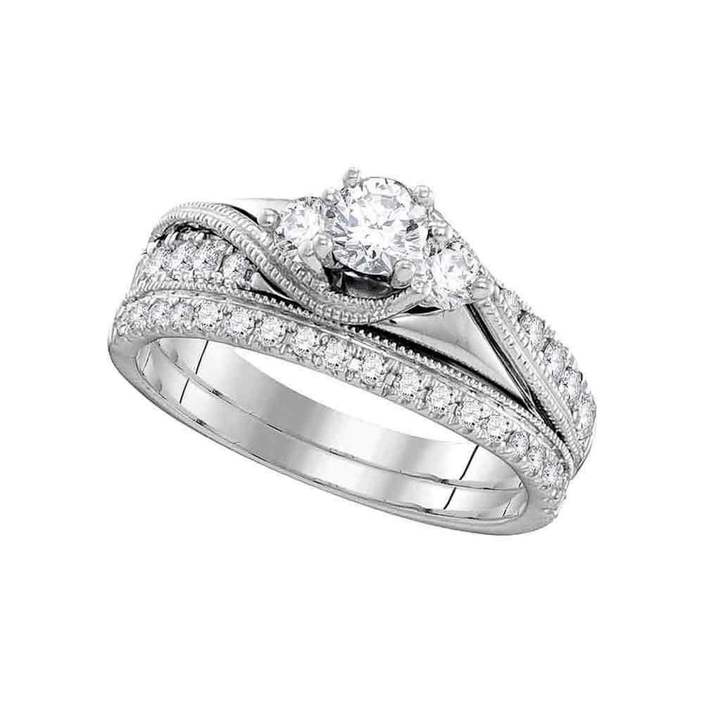 GND Bridal Ring Set 14kt White Gold Round Diamond 3-Stone Bridal Wedding Ring Band Set 7/8 Cttw