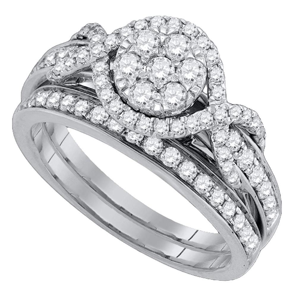 GND Bridal Ring Set 14kt White Gold Round Diamond Cluster Bridal Wedding Ring Band Set 1 Cttw