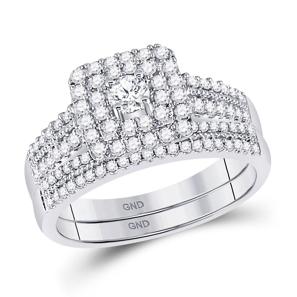 GND Bridal Ring Set 14kt White Gold Round Diamond Double Halo Bridal Wedding Ring Band Set 3/4 Cttw