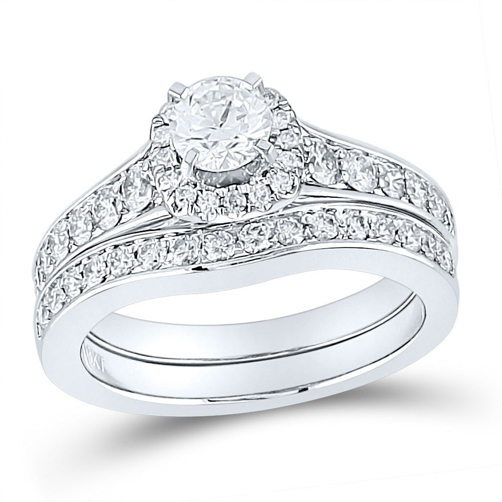 GND Bridal Ring Set 14kt White Gold Round Diamond Halo Bridal Wedding Ring Band Set 1-1/4 Cttw