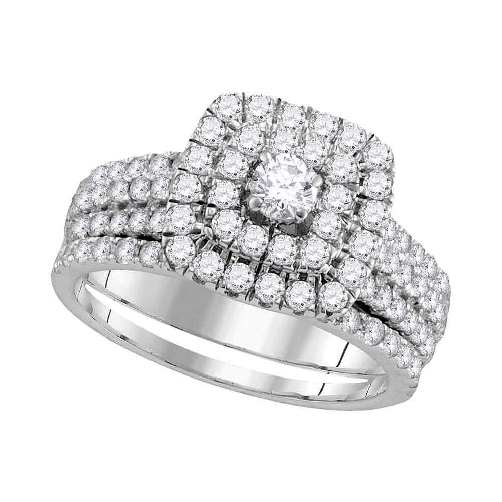 GND Bridal Ring Set 14kt White Gold Round Diamond Halo Bridal Wedding Ring Band Set 1-3/4 Cttw