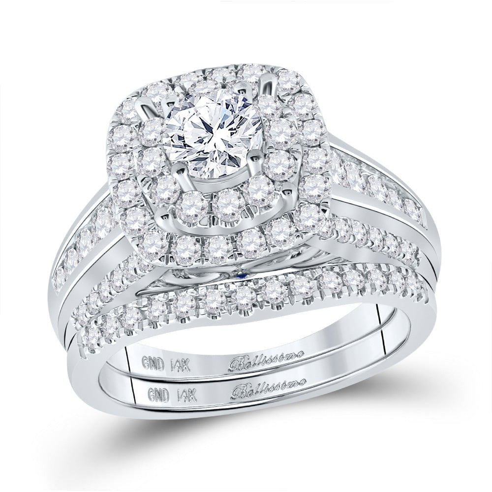 GND Bridal Ring Set 14kt White Gold Round Diamond Halo Bridal Wedding Ring Band Set 2 Cttw