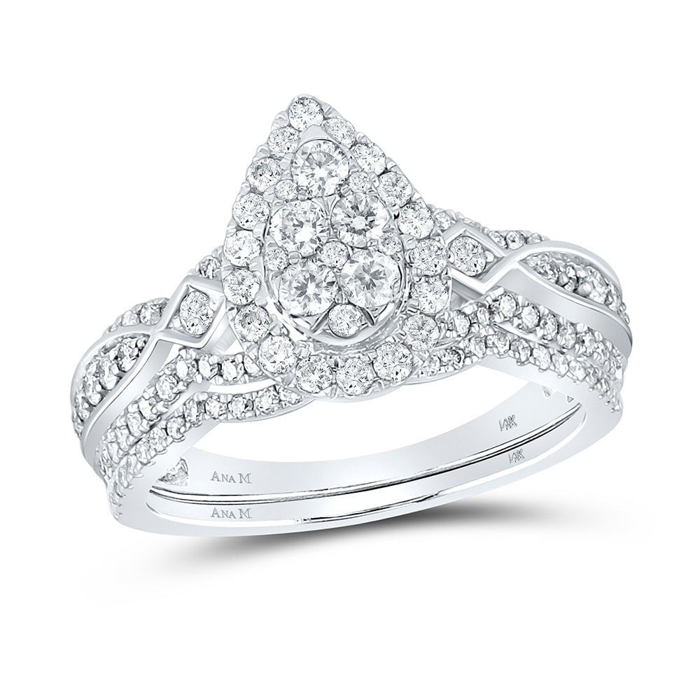 GND Bridal Ring Set 14kt White Gold Round Diamond Pear Cluster Bridal Wedding Ring Band Set 1 Cttw