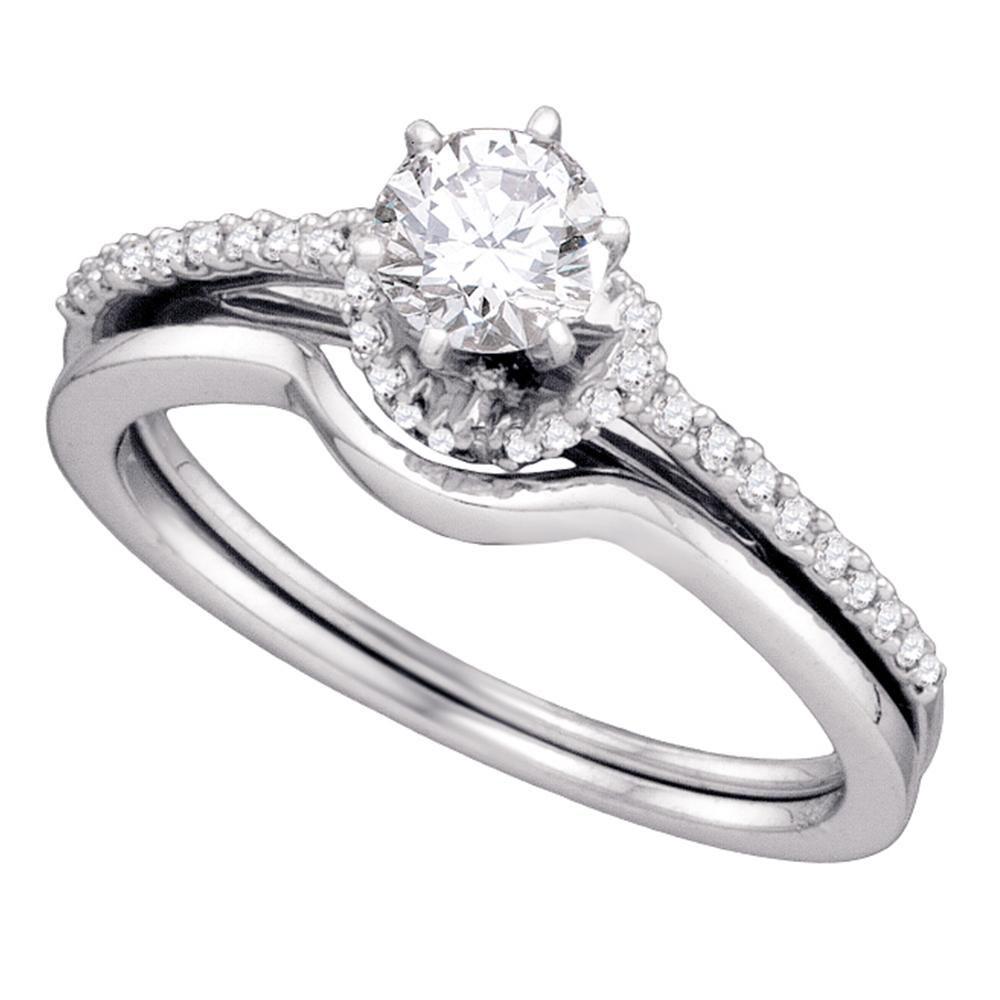 GND Bridal Ring Set 14kt White Gold Round Diamond Slender Bridal Wedding Ring Band Set 1/2 Cttw