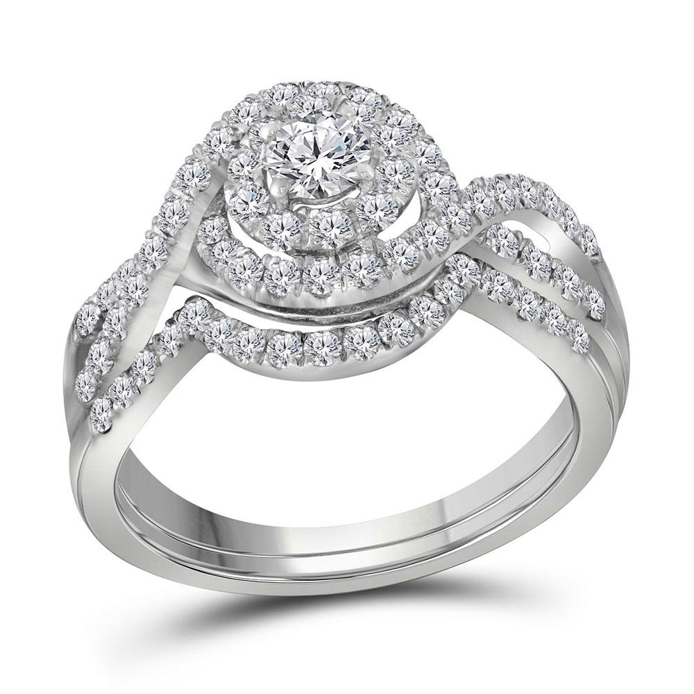 GND Bridal Ring Set 14kt White Gold Round Diamond Swirl Halo Bridal Wedding Ring Band Set 1 Cttw
