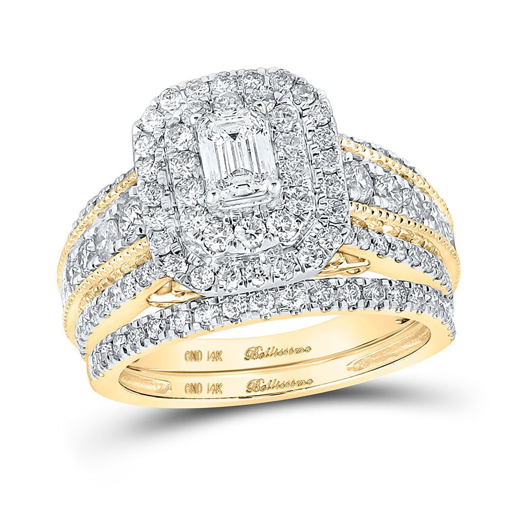 GND Bridal Ring Set 14kt Yellow Gold Emerald Diamond Bridal Wedding Ring Band Set 2 Cttw