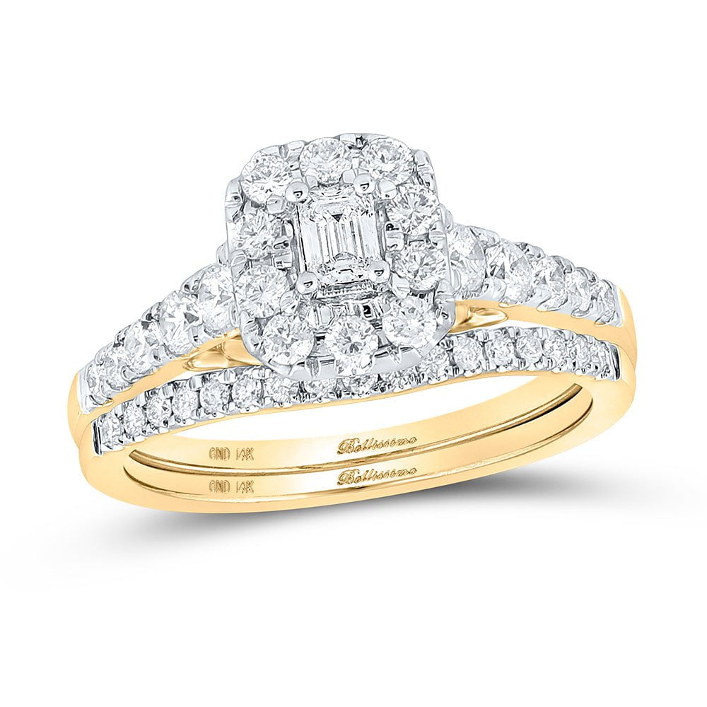 GND Bridal Ring Set 14kt Yellow Gold Emerald Diamond Halo Bridal Wedding Ring Band Set 1 Cttw