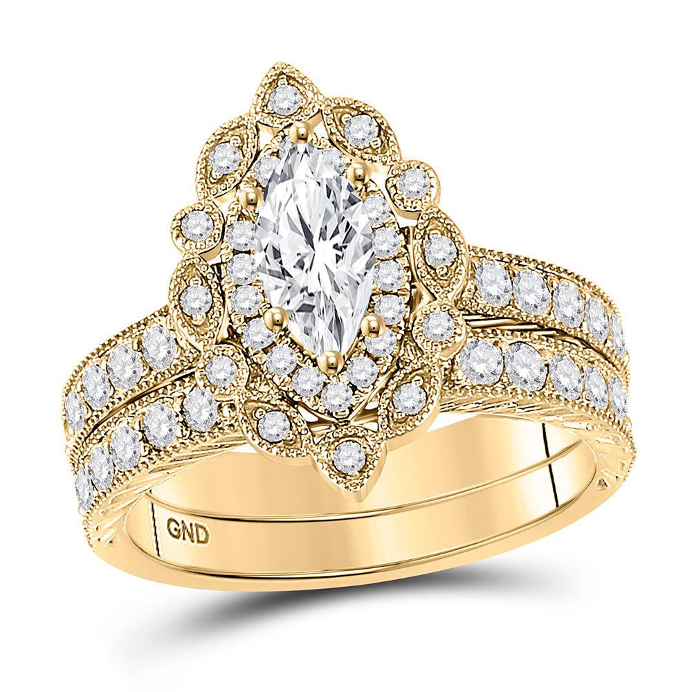 GND Bridal Ring Set 14kt Yellow Gold Marquise Diamond Halo Bridal Wedding Ring Band Set 2 Cttw