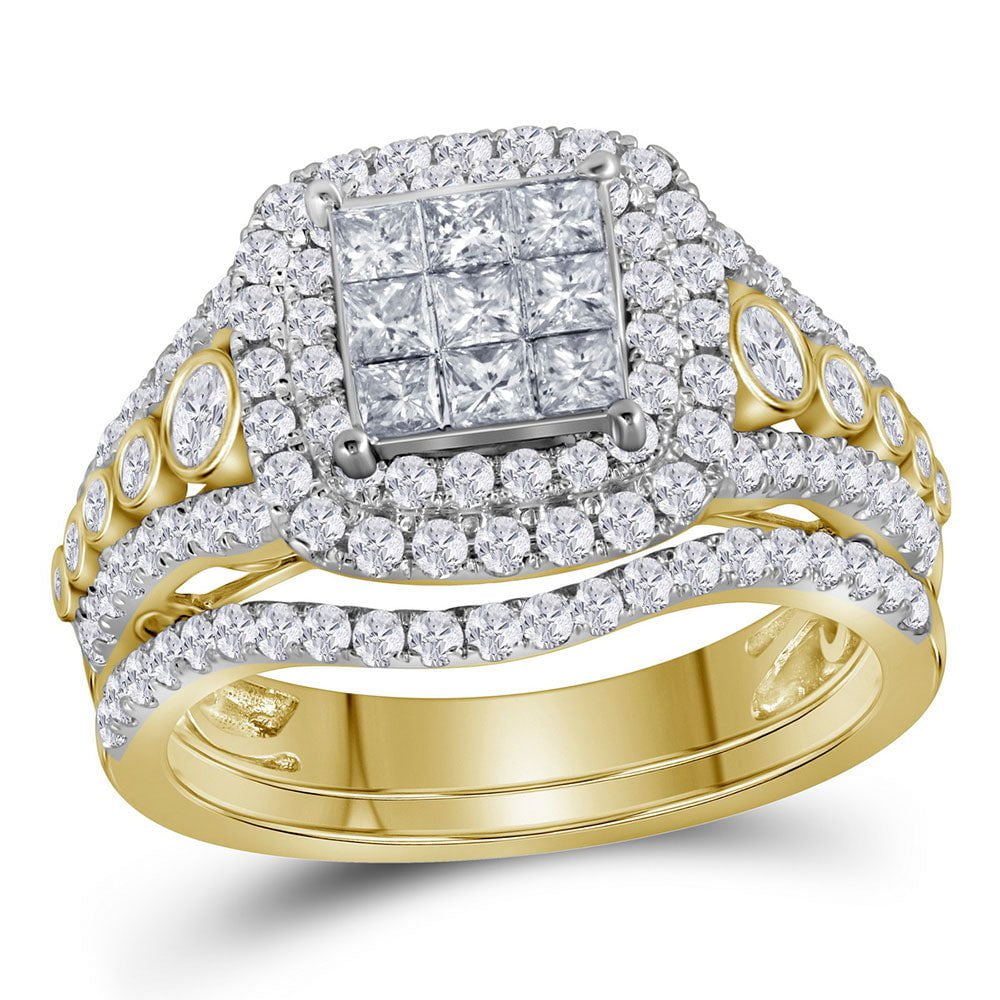 GND Bridal Ring Set 14kt Yellow Gold Princess Diamond Bridal Wedding Ring Band Set 1-1/2 Cttw