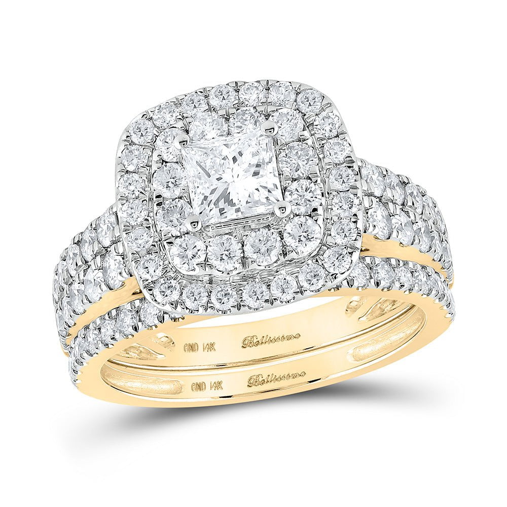 GND Bridal Ring Set 14kt Yellow Gold Princess Diamond Halo Bridal Wedding Ring Band Set 2 Cttw