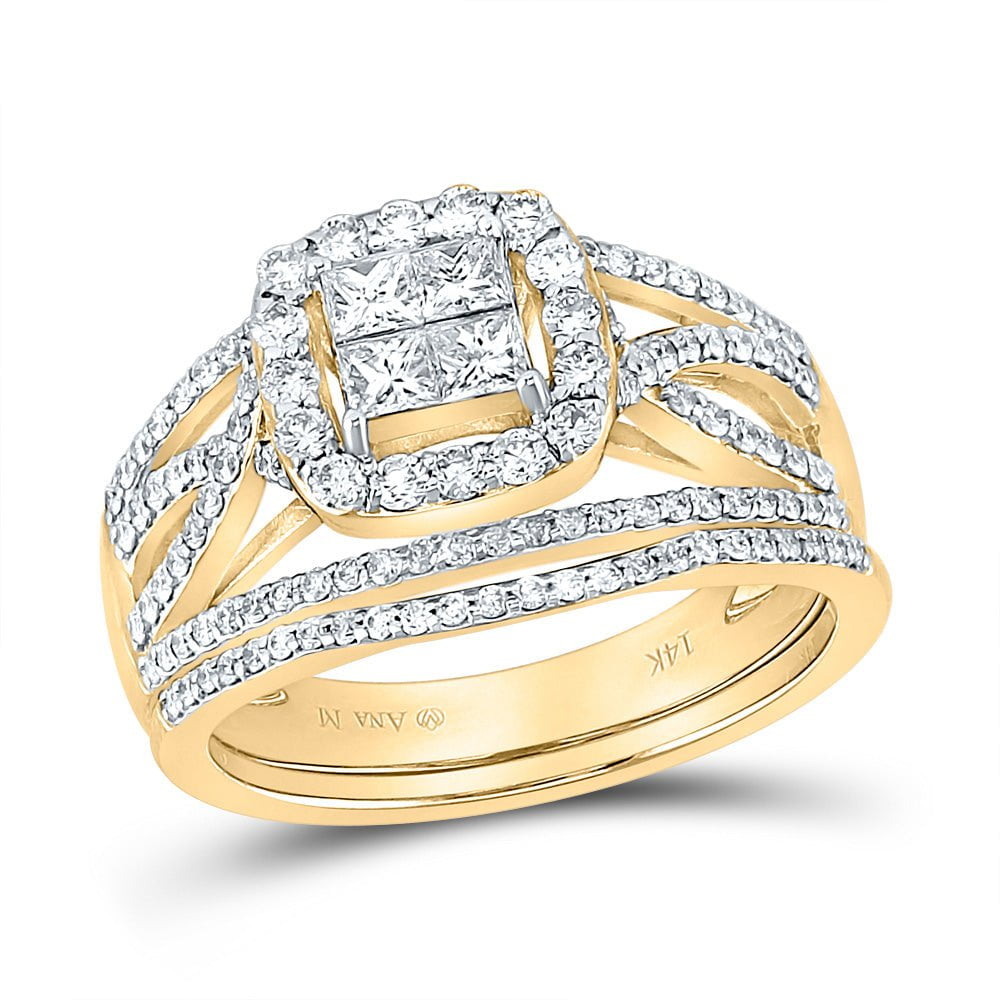 GND Bridal Ring Set 14kt Yellow Gold Princess Diamond Square Halo Bridal Wedding Ring Band Set 1 Cttw