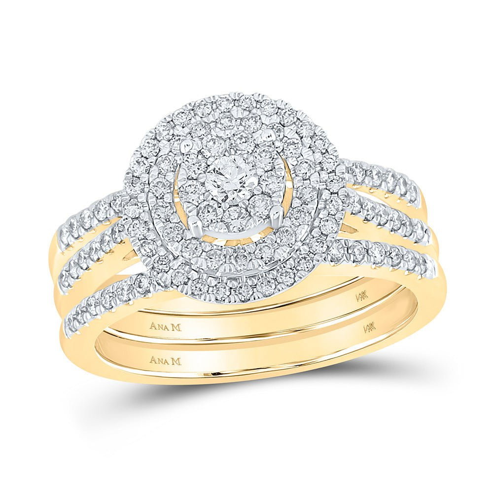 GND Bridal Ring Set 14kt Yellow Gold Round Diamond Cluster Bridal Wedding Ring Band Set 3/4 Cttw