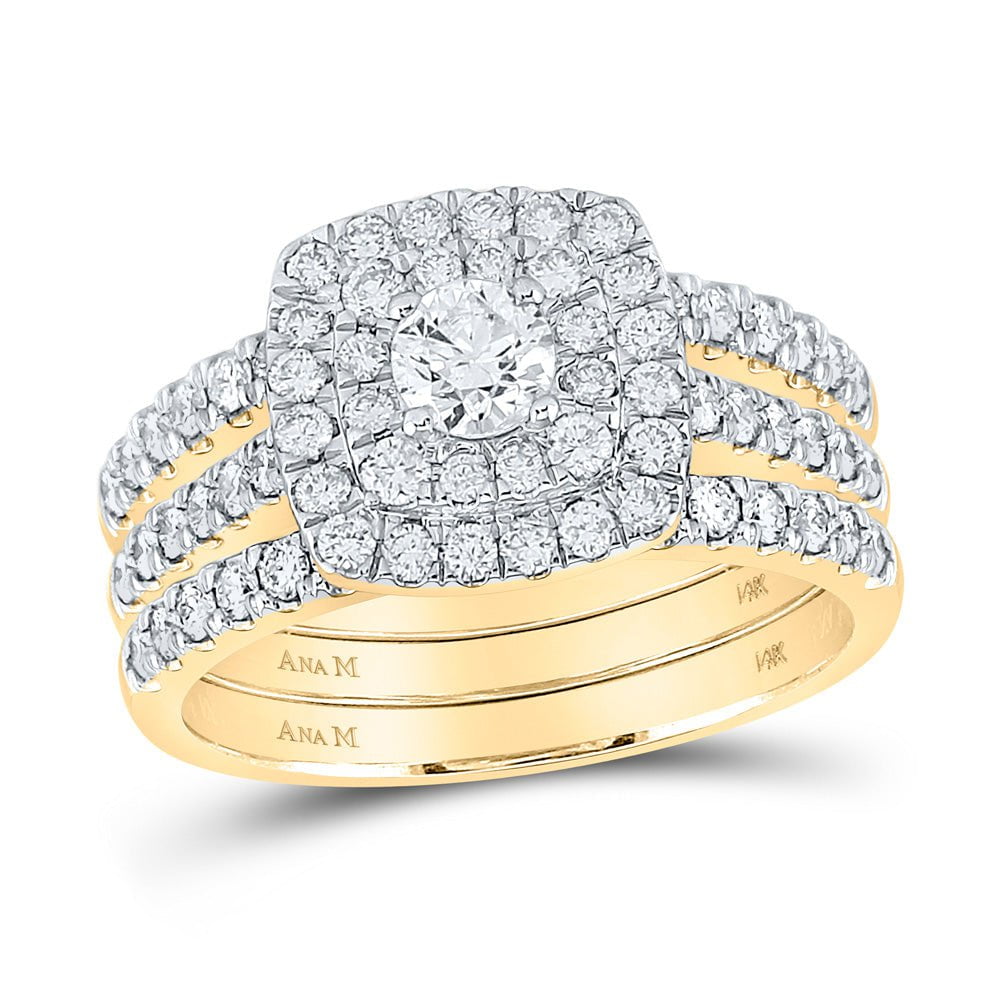 GND Bridal Ring Set 14kt Yellow Gold Round Diamond Halo Bridal Wedding Ring Band Set 1-1/2 Cttw