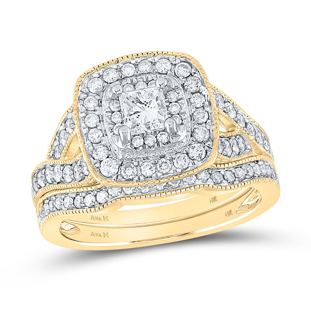 GND Bridal Ring Set 14kt Yellow Gold Round Diamond Halo Bridal Wedding Ring Band Set 1 Cttw
