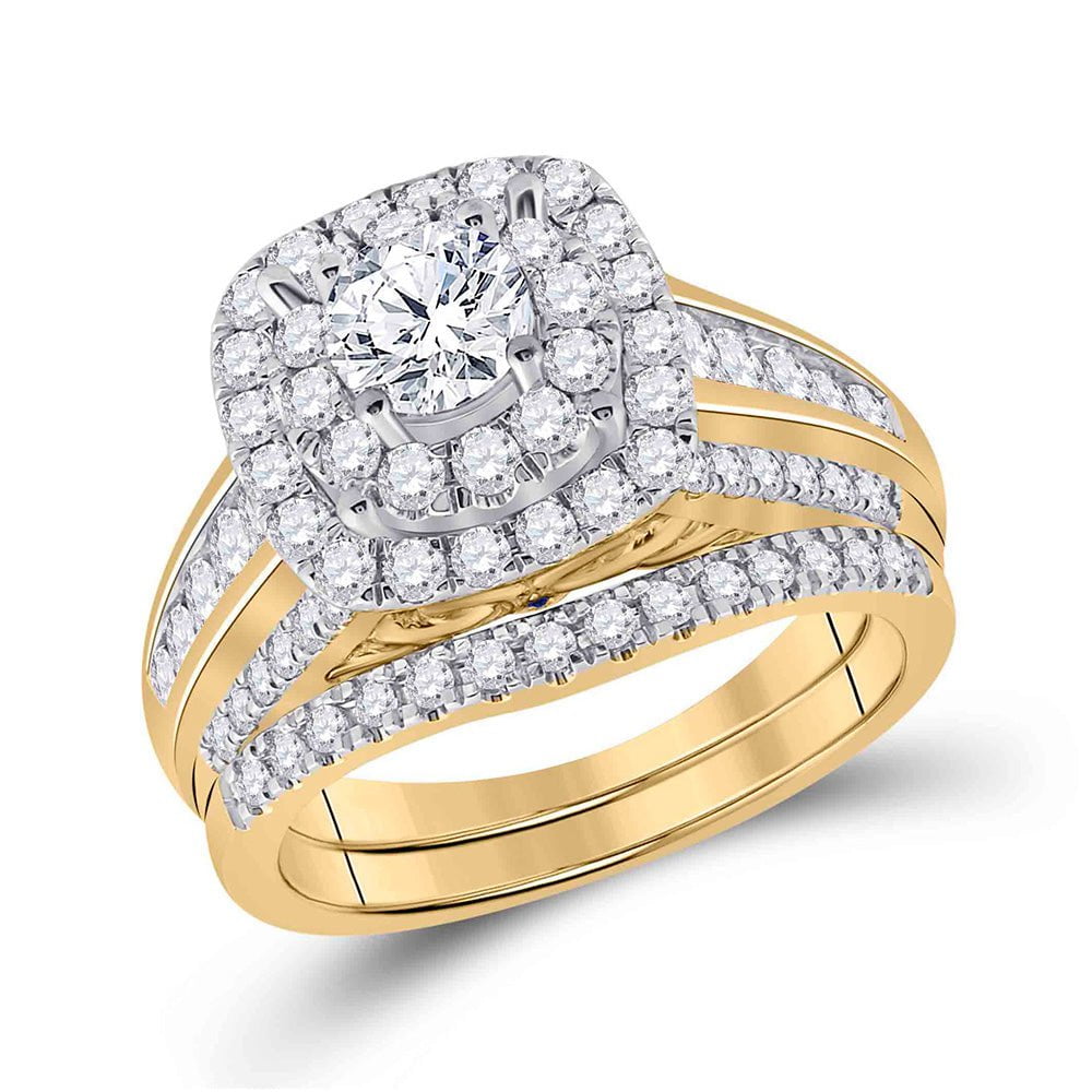 GND Bridal Ring Set 14kt Yellow Gold Round Diamond Halo Bridal Wedding Ring Band Set 2 Cttw