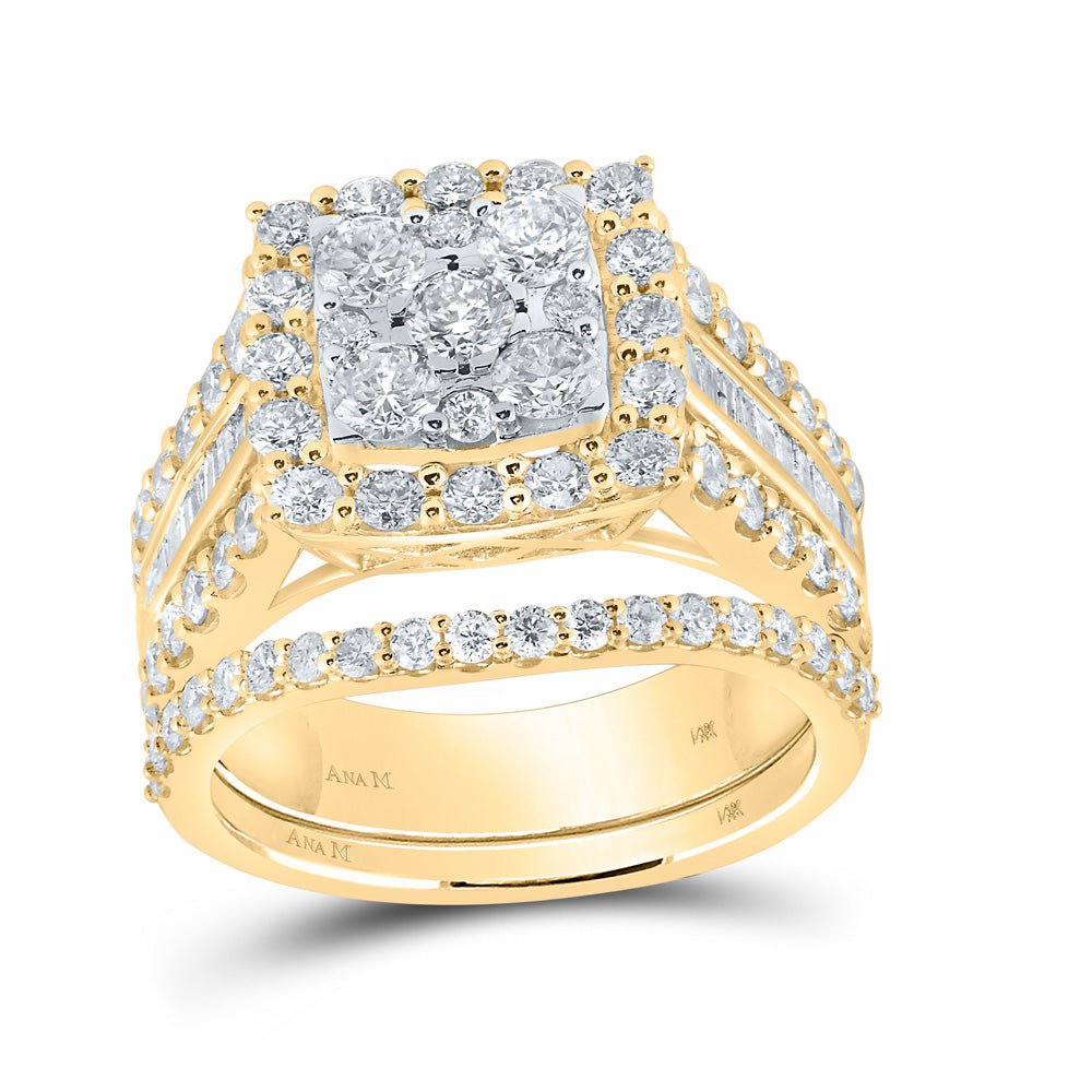 GND Bridal Ring Set 14kt Yellow Gold Round Diamond Square Halo Bridal Wedding Ring Band Set 2-1/4 Cttw
