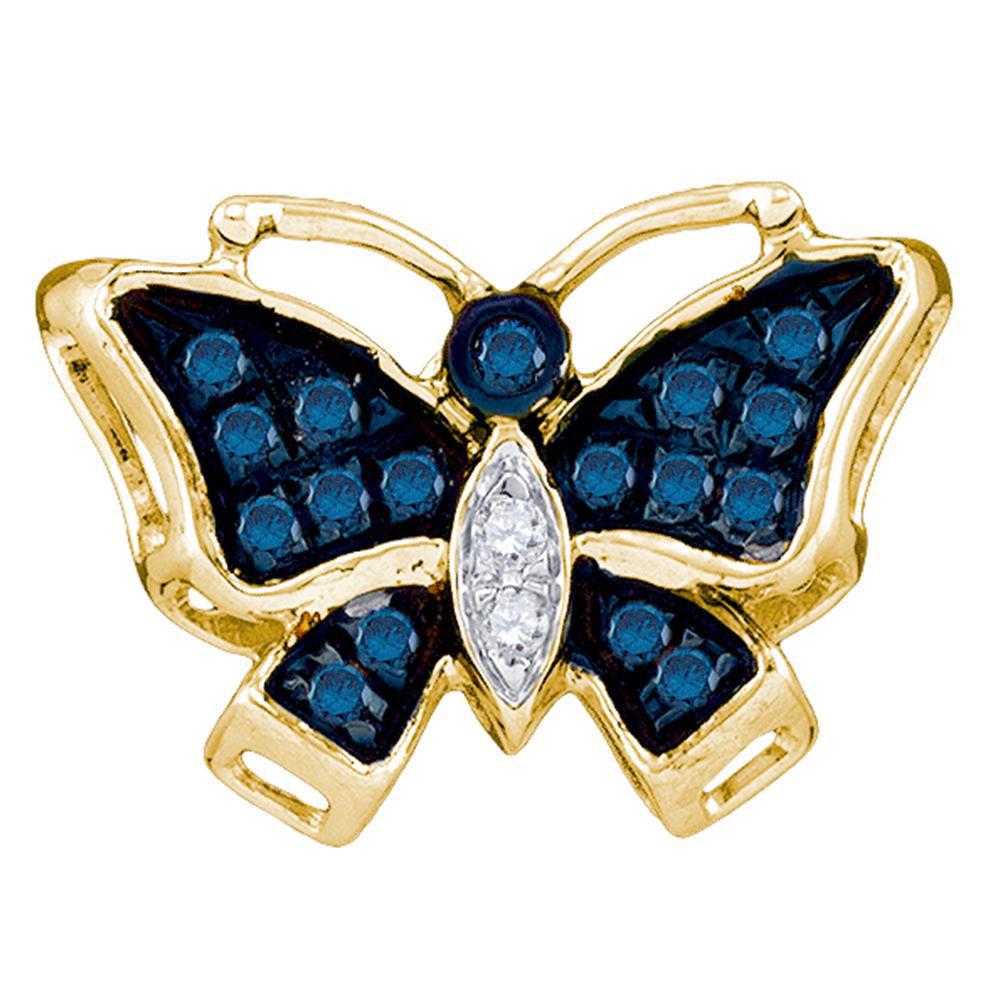 GND Diamond Animal & Bug Pendant 10kt Yellow Gold Womens Round Blue Color Enhanced Diamond Butterfly Bug Pendant 1/20 Cttw
