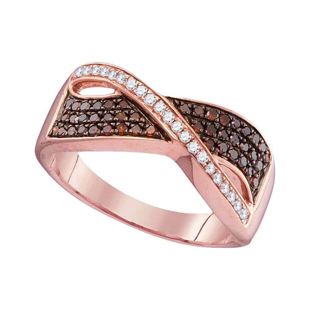 GND Diamond Band 10kt Rose Gold Womens Round Red Color Enhanced Diamond Crossover Band Ring 1/3 Cttw