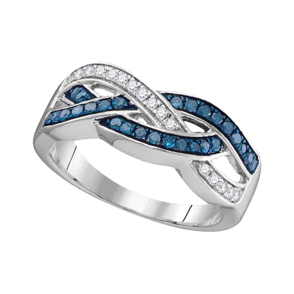 GND Diamond Band 10kt White Gold Womens Round Blue Color Enhanced Diamond Crossover Band Ring 1/3 Cttw