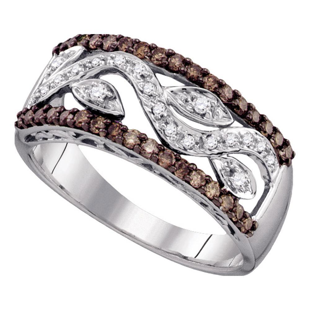 GND Diamond Band 10kt White Gold Womens Round Brown Diamond Floral Band Ring 1/2 Cttw
