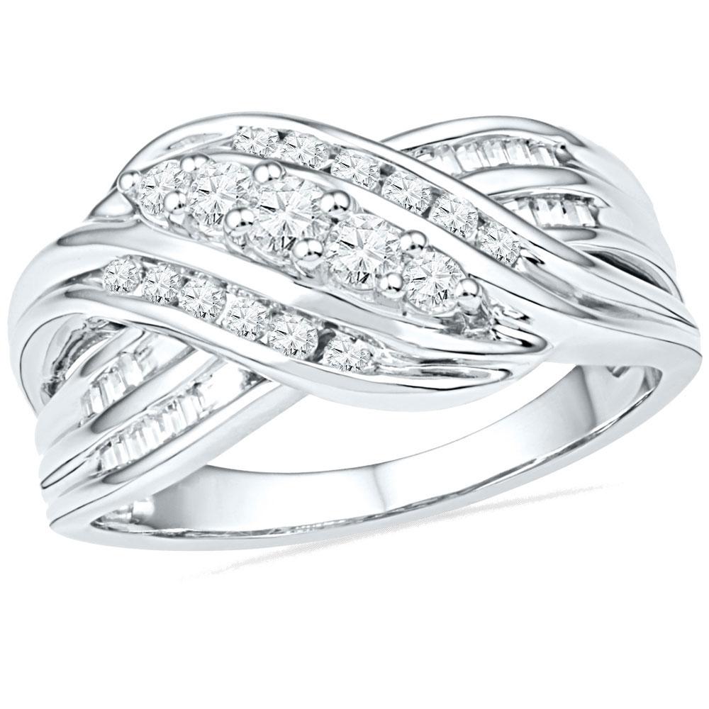10kt White Gold Womens Round Diamond 5-Stone Crossover Band Ring