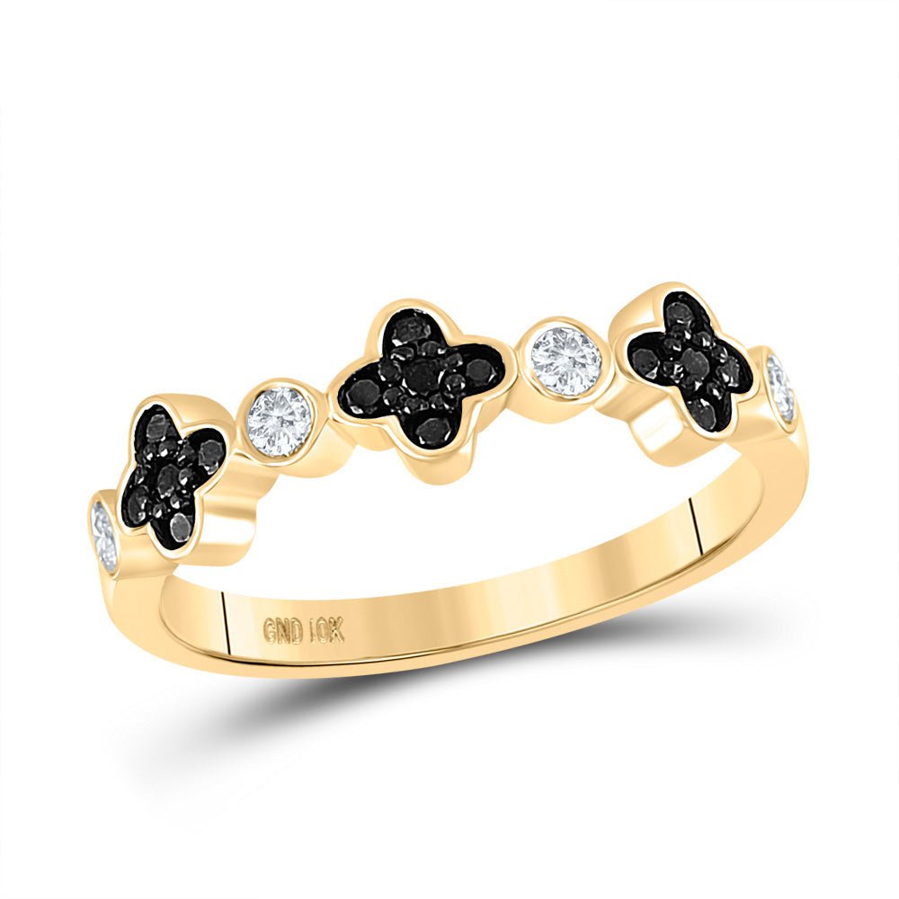 GND Diamond Band 10kt Yellow Gold Womens Round Black Color Enhanced Diamond Clover Band Ring 1/4 Cttw