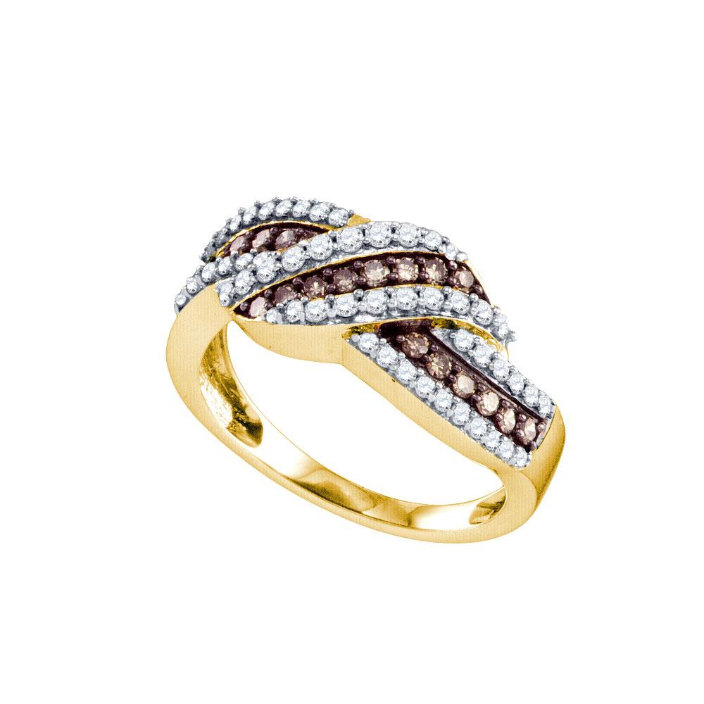 GND Diamond Band 10kt Yellow Gold Womens Round Brown Diamond Crossover Band Ring 3/4 Cttw