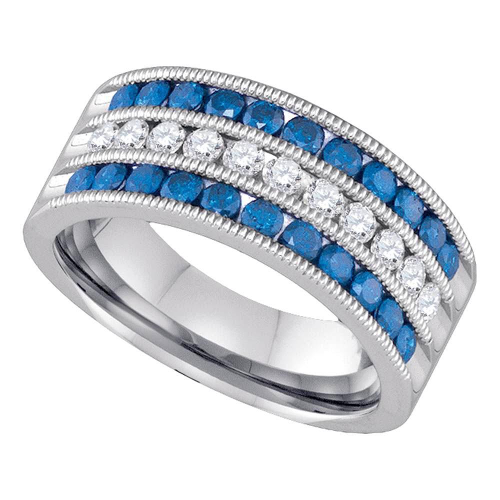 GND Diamond Band 7 10kt White Gold Womens Round Blue Color Enhanced Diamond Milgrain Striped Band Ring 1 Cttw