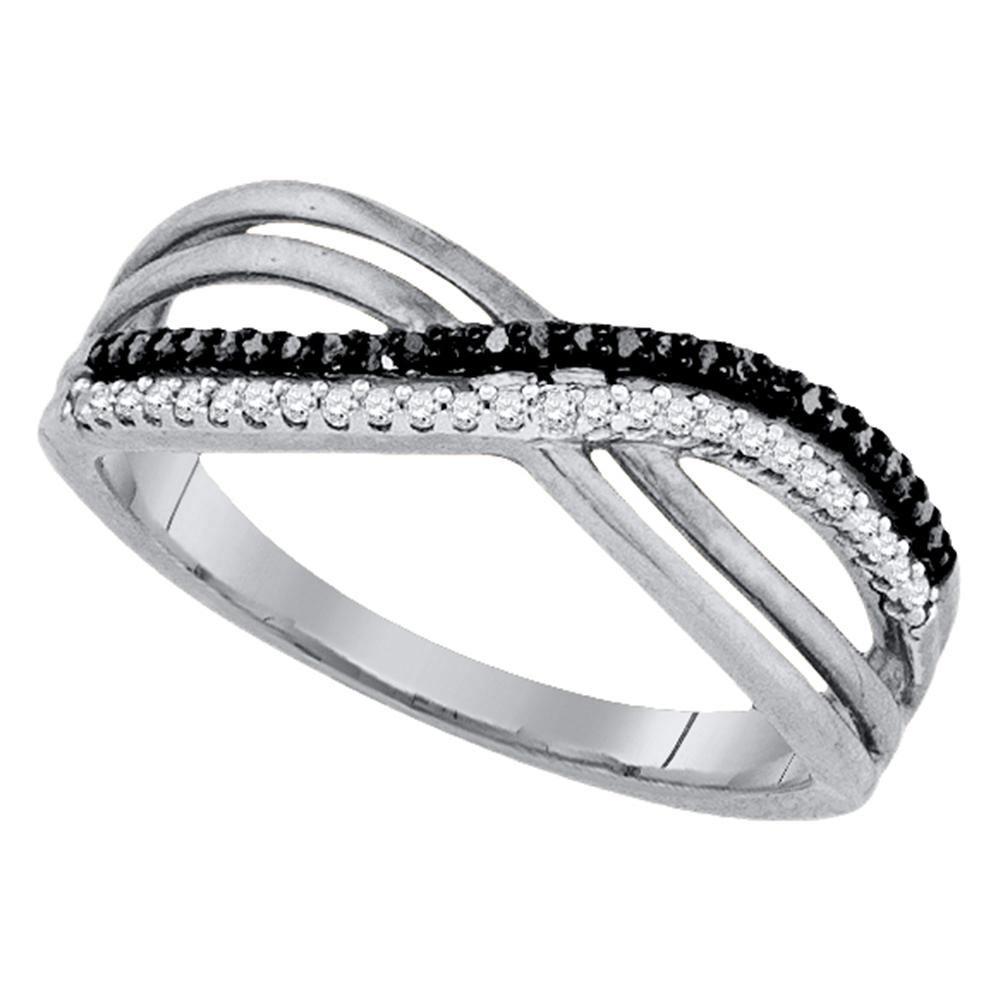 GND Diamond Band Sterling Silver Womens Round Black Color Enhanced Diamond Double Row Crossover Band 1/6 Cttw