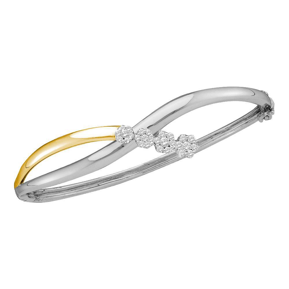 GND Diamond Bangle Bracelet 14kt Two-tone Gold Womens Round Diamond Flower Cluster Bangle Bracelet 1/2 Cttw