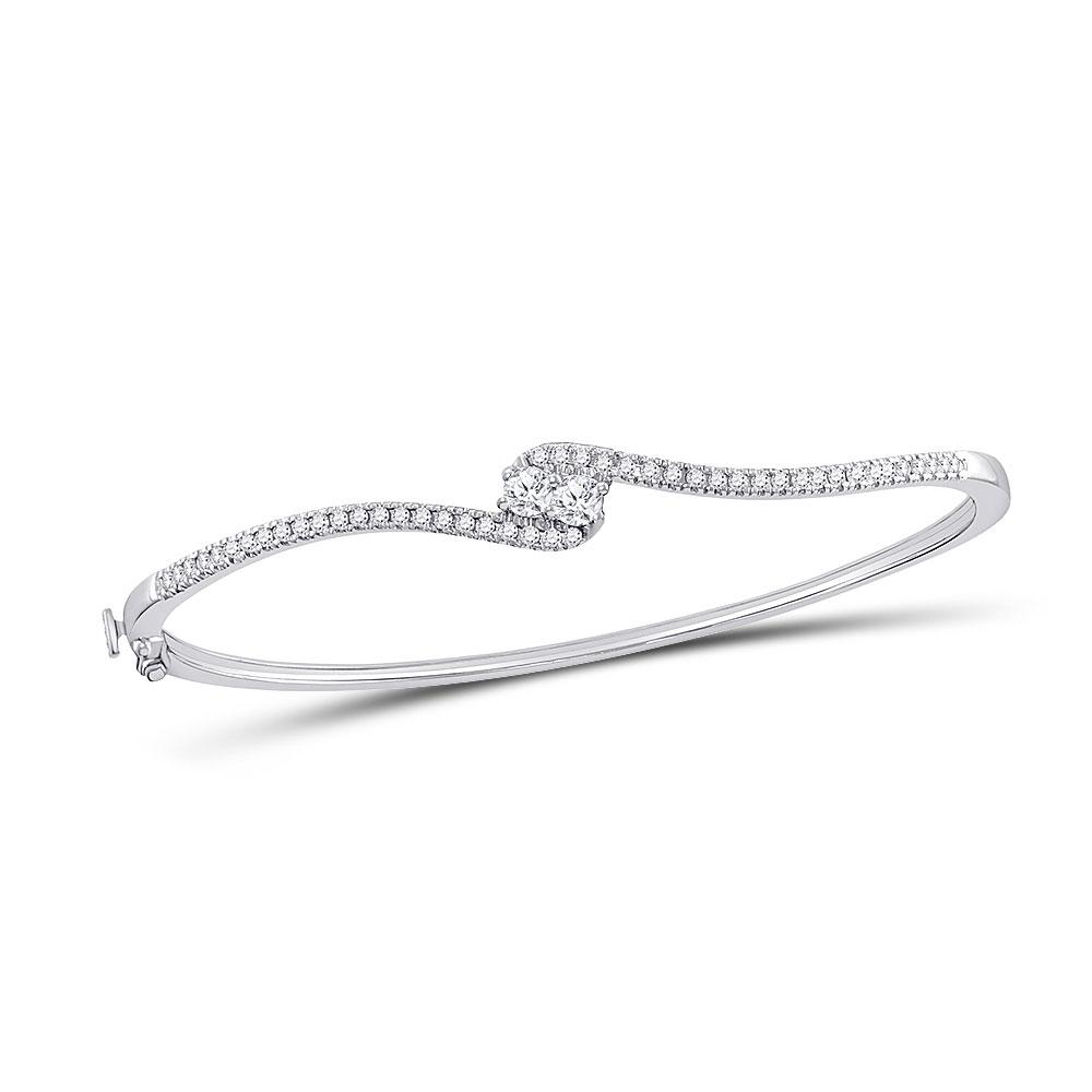 GND Diamond Bangle Bracelet 14kt White Gold Womens Round Diamond Bypass 2-stone Bracelet 3/4 Cttw